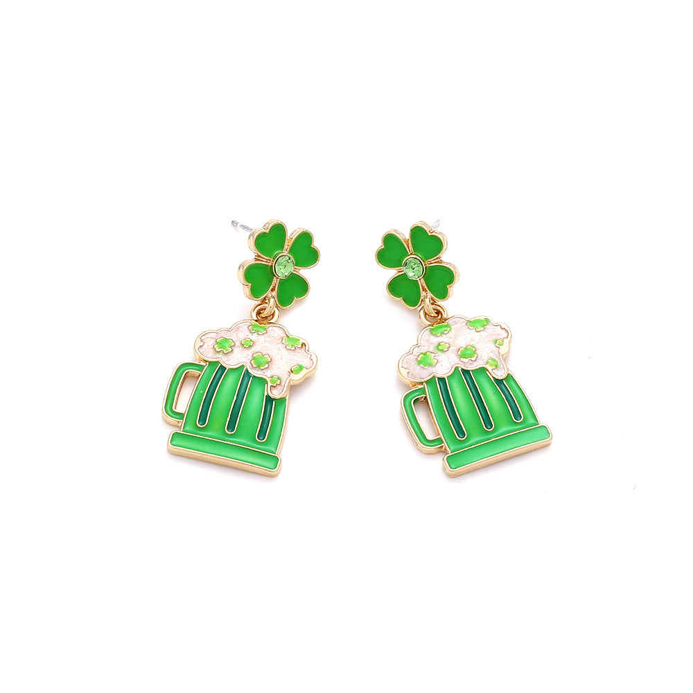 Wholesale St. Patrick's Four-leaf Clover Alloy Oil-drip Diamond Beer Mug Earrings